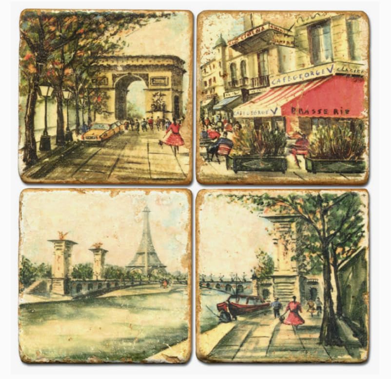 MetrStudio Vertu, Set of 4, Paris Scenes Tumbled Botticino Marble 4.25"" Coasters