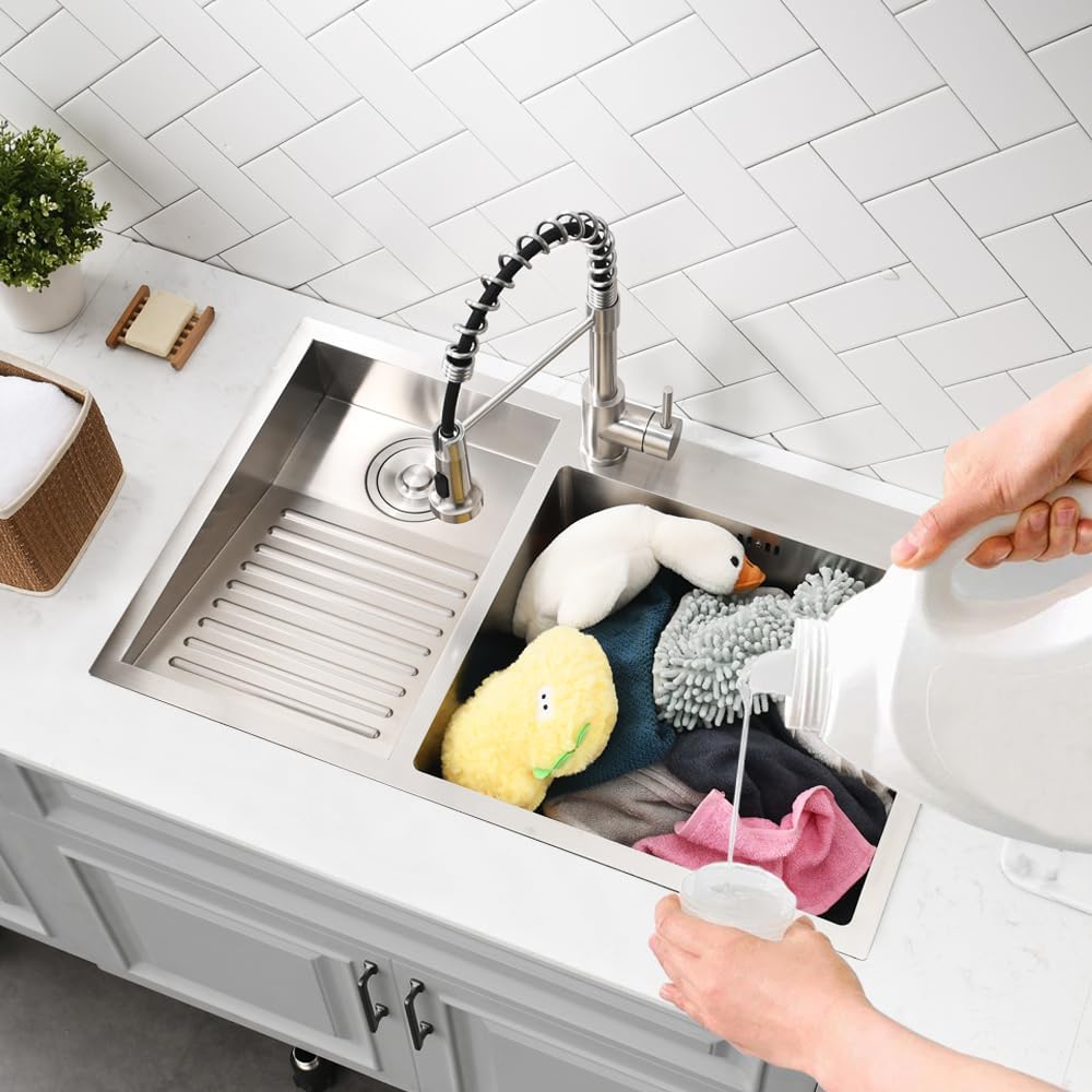 Laundry Sink with Washboard, Stainless Steel Laundry Room Sink and Faucet Combo Double Bowl Drop in Utility Sink 16 Gauge Stainless Deep Clothes Wash Basin with Soap Dispenser(31.5 Inch)