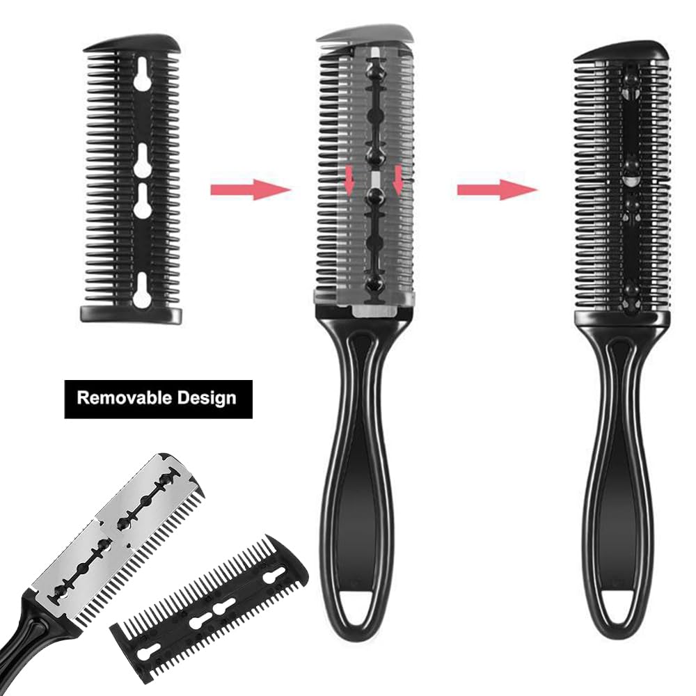 2 Piezas Peine de Afeitar y Corte Profesional, Cortador de Pelo de Doble Cara Recortador de Plástico con Navaja, Kit de Peine para Adelgazar el Cabello
