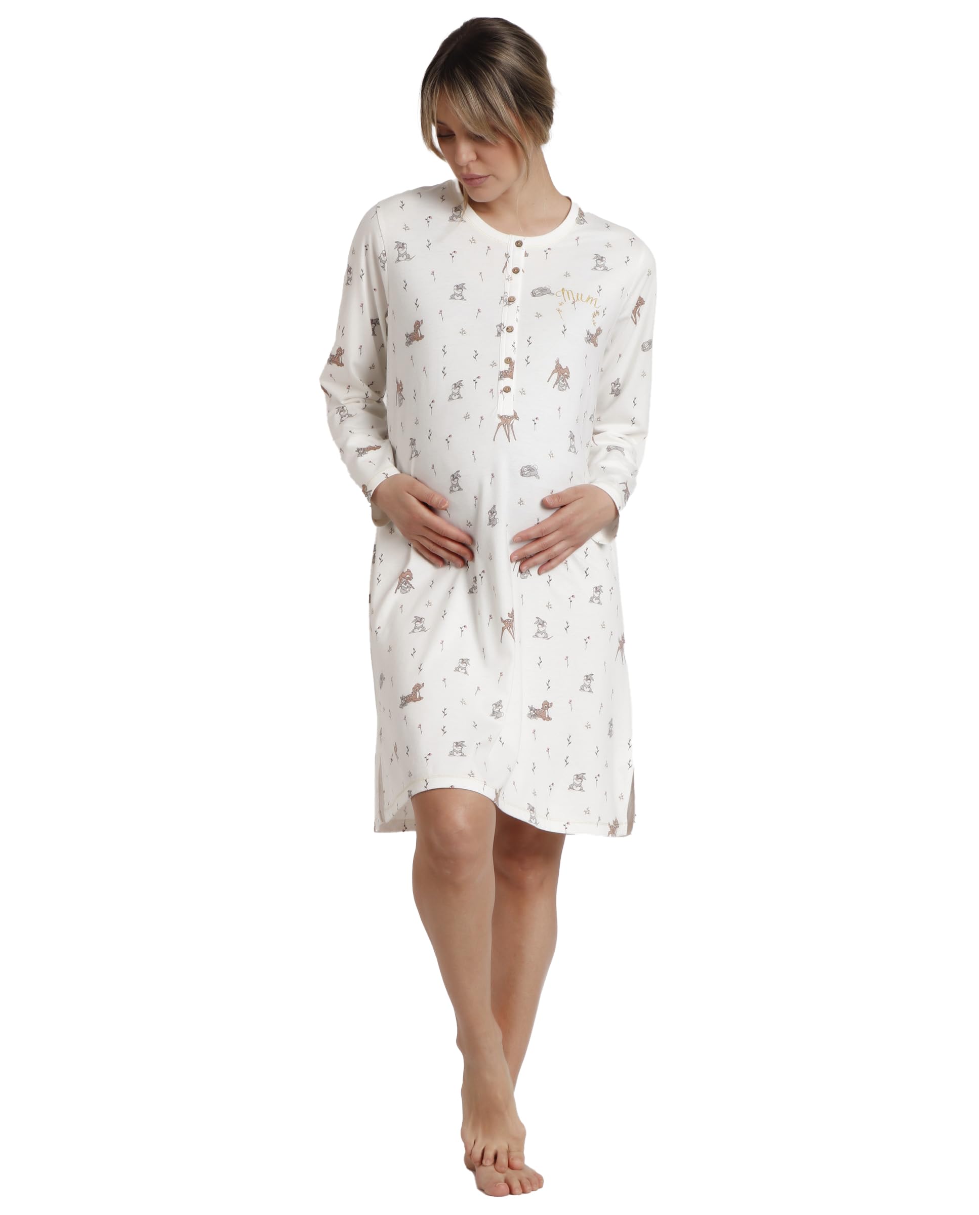 Disney camisón Mujer Invierno 95% algodón, 5% Elastano – camisón de Mujer Maternity Bambi con Manga Larga y Cuello Redondo, Punto Suave con Estampado Oficial, Color Gris, Talla XXL
