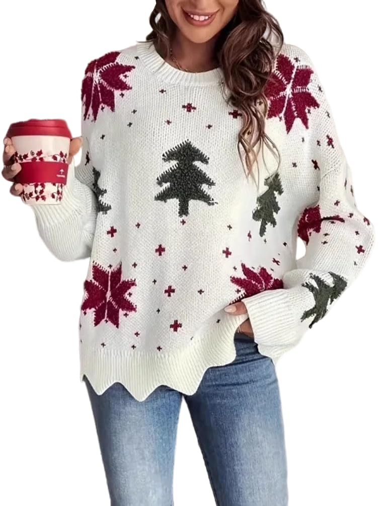 Christmas Sweaters for Women Fall Winter Cute Funny Holiday Christmas Tree Pullover Printed Ugly Sweater Knit Top