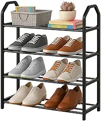 Sapateira Vertical 4 Andares Compacta Organizador de Sapatos Multiuso Estrutura Reforçada Plástico PP e Tubos de Ferro Ideal para Quartos Closets Corredores Lavanderias Armazenamento Calçados (Preta)