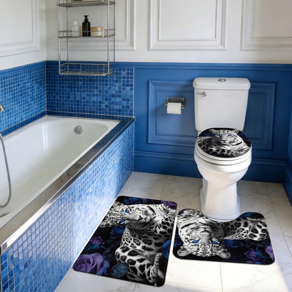 3Pcs Bathroom Rugs Set Washable Leopard Rose Bathroom Carpets with Toilet Mats Blue Eyes Animal Soft Non Slip Bath Mat for Laundry Hotels Kitchen Tub Home Decor Black