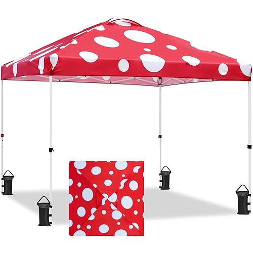 EAGLE PEAK 10x10 Pop Up Canopy, Instant Outdoor Canopy Tent, Straight Leg Pop Up Tent for Parties, Camping, The Beach and More, 100 Square Feet of Shade, Red Mushroom