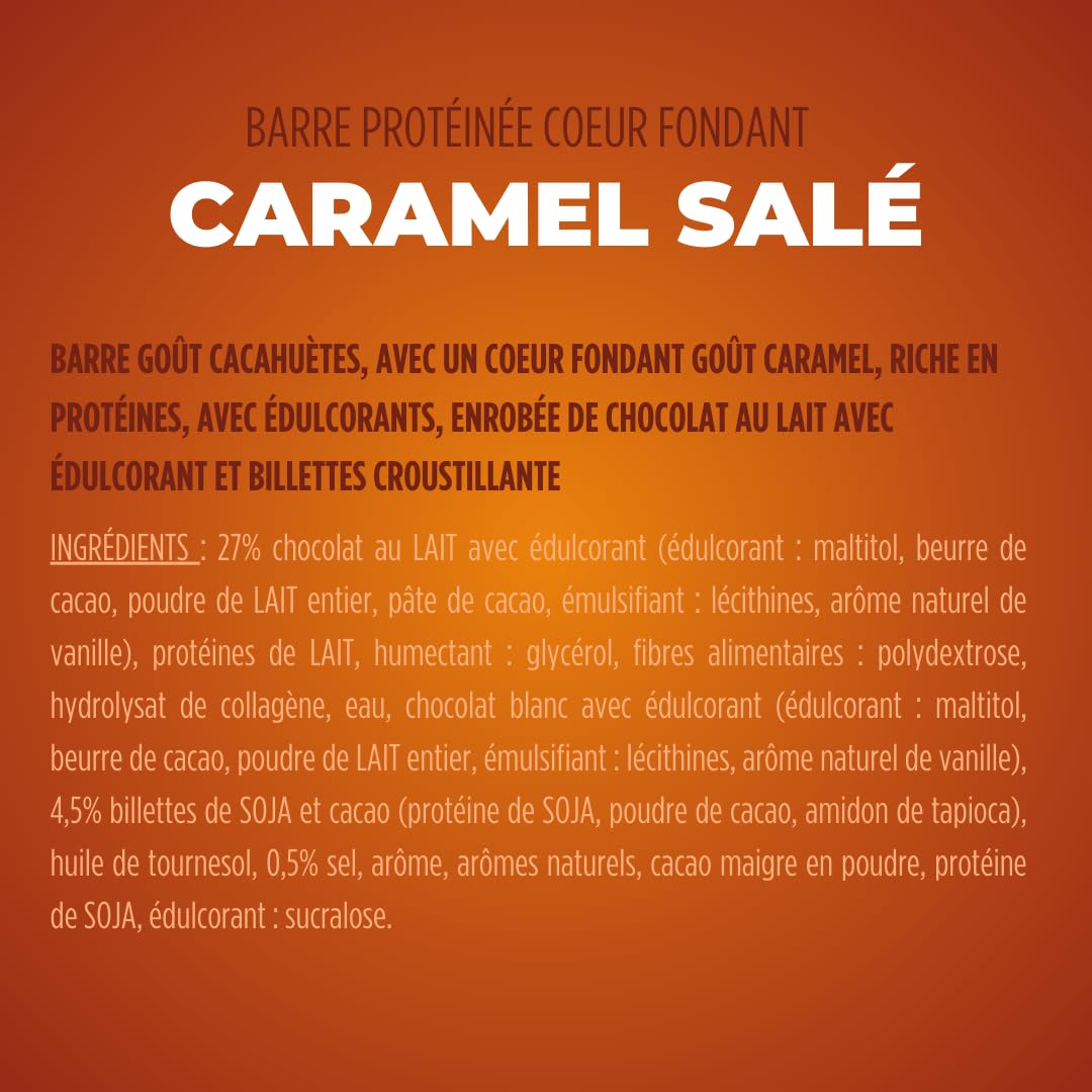JOYFUEL - Barre Protéinée Cœur Fondant - Goûts Caramel Salé - <2g de sucre - 17g de protéines - 12 barres X 50g