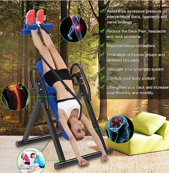 Diagram illustrating the health benefits of using the BFDIEEM Inversion Table, such as back pain relief, improved circulation, and posture correction.