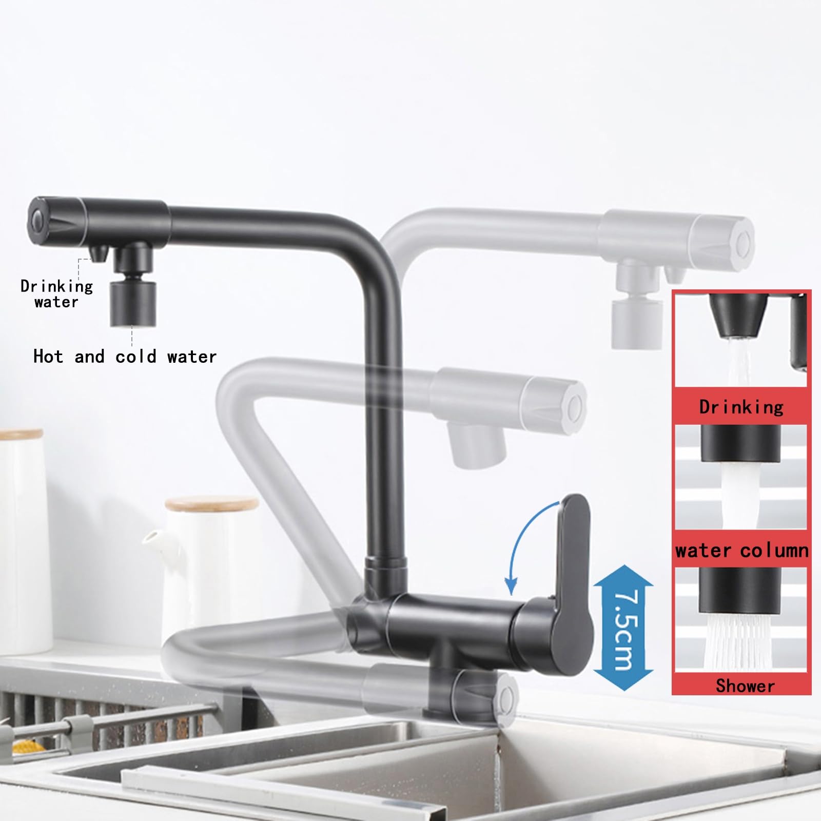 XJTNLB Grifo Cocina 3 Vias Osmosis Abatible Negro Grifo de Cocina Fregadero con Osmosis con 2 Salidas Grifo Cocina Plegable Bajo Ventana Osmosis-B
