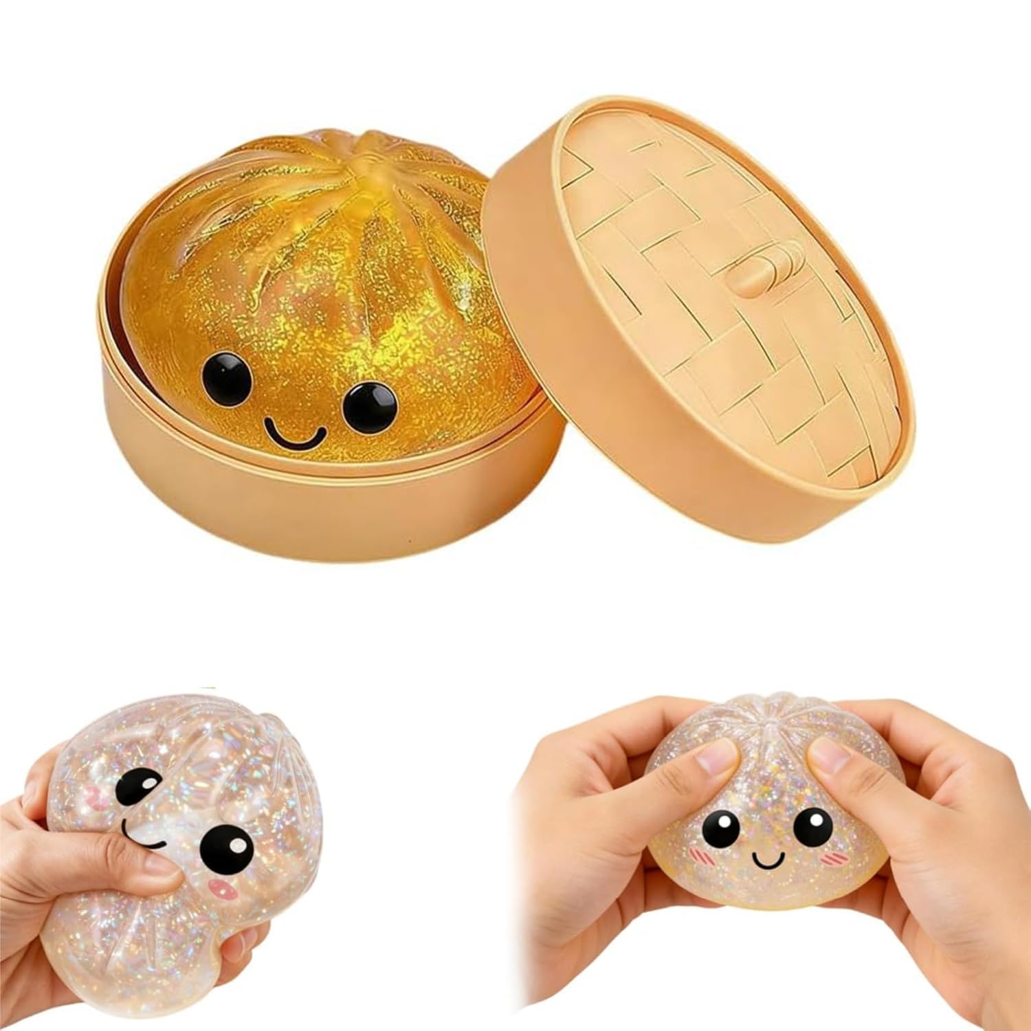 Giant Dumpling, 10cm Glitter Dumpling with Steamer Box, Soft Dough Dumplings Stress Balls, Colorful Sensory Fidget (B)