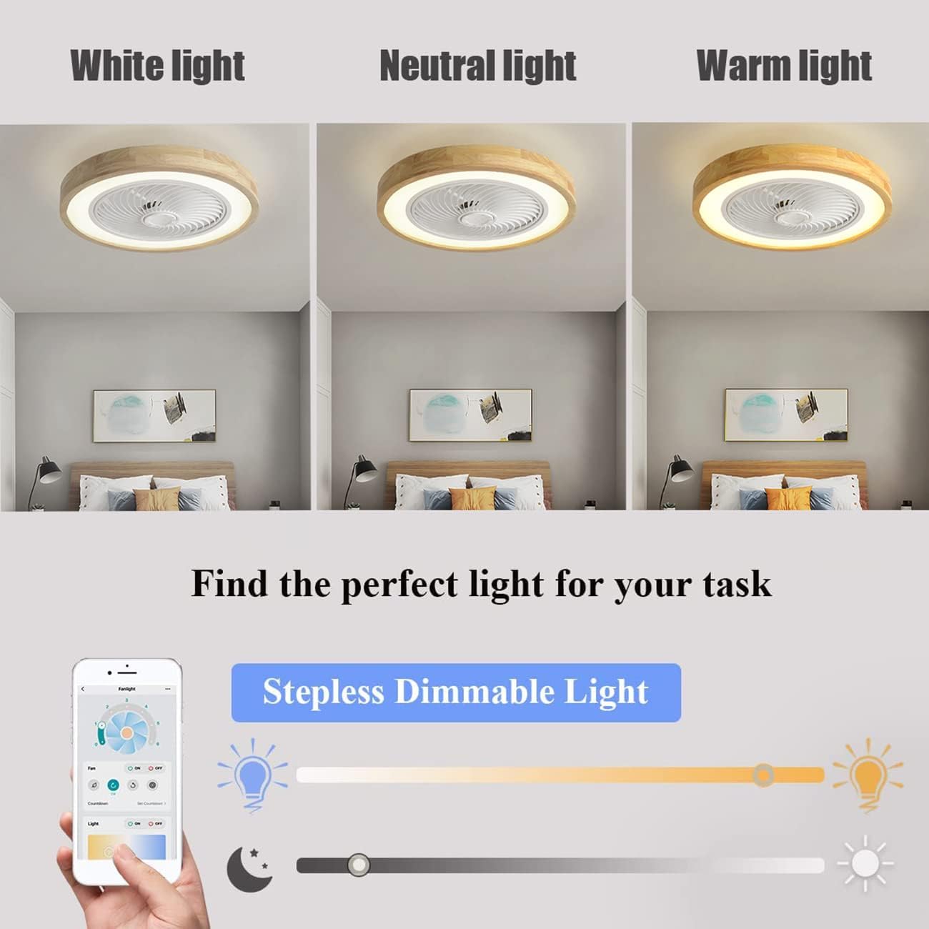Deckenventilator mit Lampe & Fernbedienung - Holzdesign, leise, dimmbar, Reversible Luftrichtung - 72W für Schlafzimmer, Wohnzimmer, Esszimmer