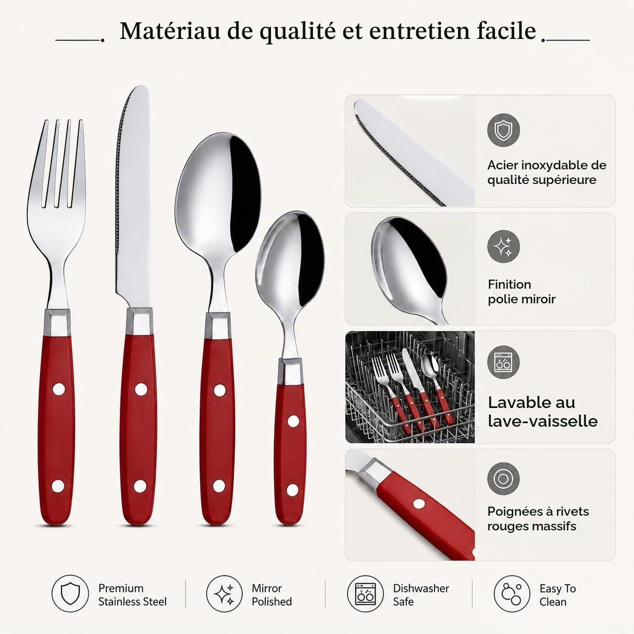 EXZACT 24 pcs Couverts acier inoxydable rivets manches couverts de table Red
