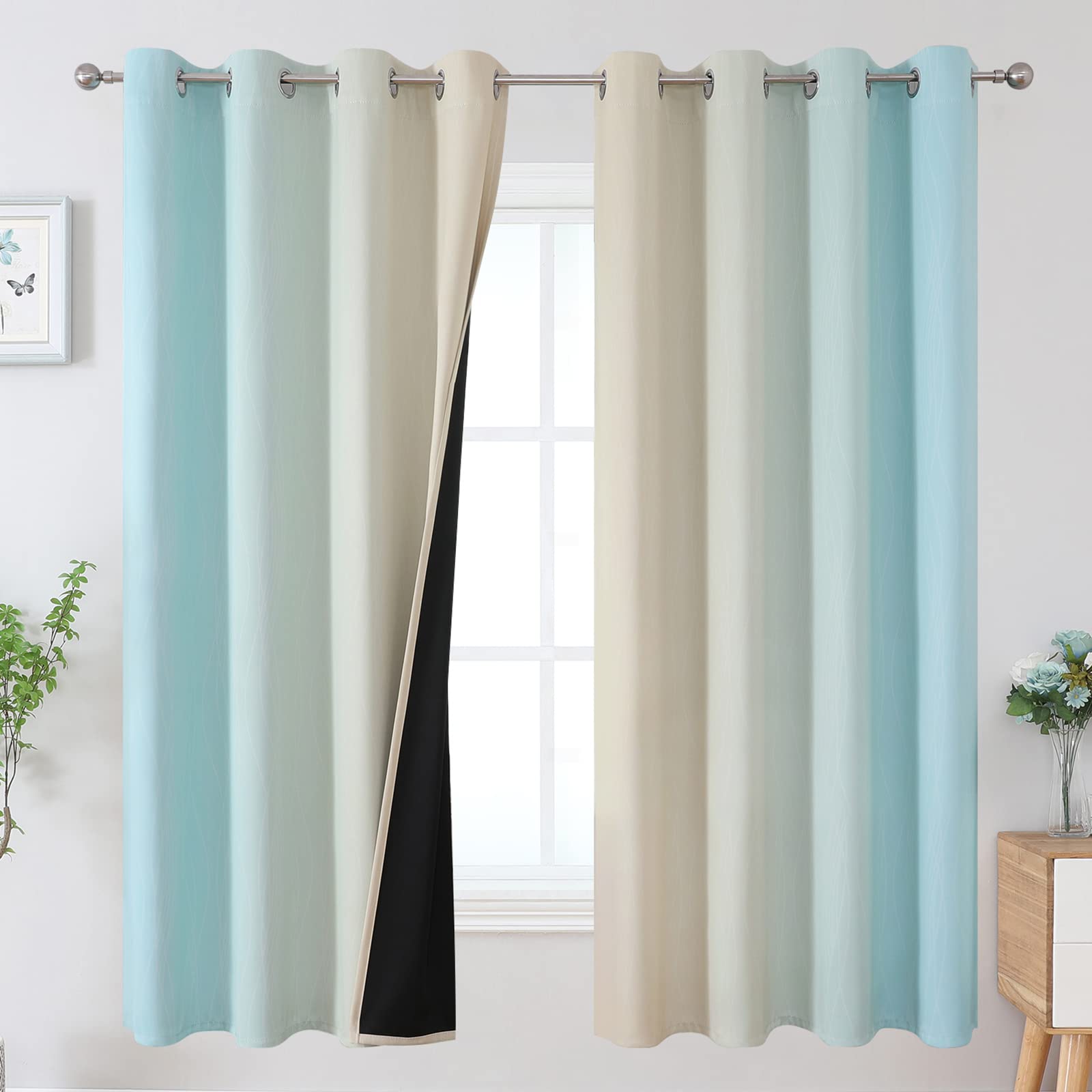 Estelar Textiler Aqua and Beige Gradient Blackout Curtains for Boys Room, Ombre Thermal Insulated Noise Reducing Blackout Drapes for Playroom, Full Room Darkening Grommet Curtains, 52Wx63L, 2 Panels
