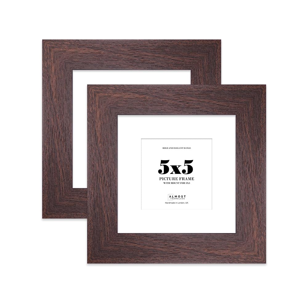5x5" Walnut Square Frame With Mount for 3x3" Pictures 28mm Edge Frame Display with Wall Hooks and Kickstand, 2 Pack
