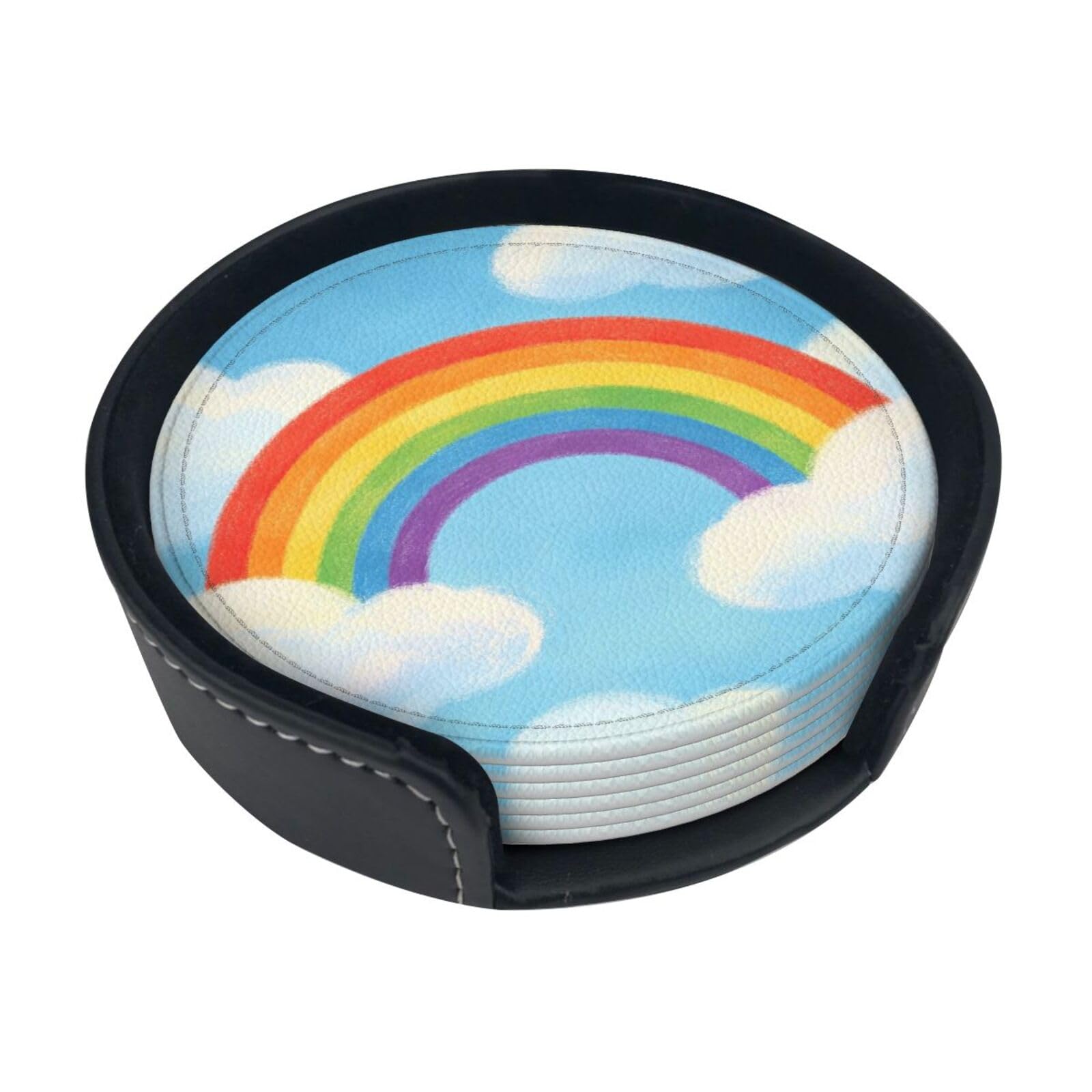 Cntdbu White Rainbow Color Art Leather Coasters Set Of 6-Pu Leather Drink Mats For Table, Heat Resistant Round Coasters With Holder