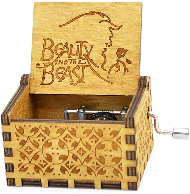 Beauty and the Beast Music Box, Wooden Hand Crank Beauty and the Beast Theme Music Box,18 Note Mechanism Antique Carved Wood Musical Box for Kids Friends