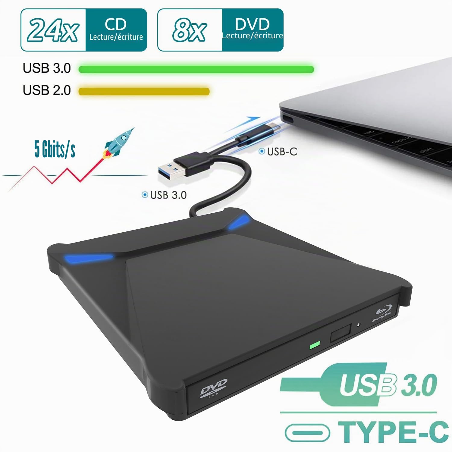 Magesh Lecteur Blu-Ray Externe, USB3.0 Type-C External Blu-Ray Drive, Slim Portable External Blu-Ray DVD Burner/Reader, for Laptop, Desktop, Windows 11/10/8