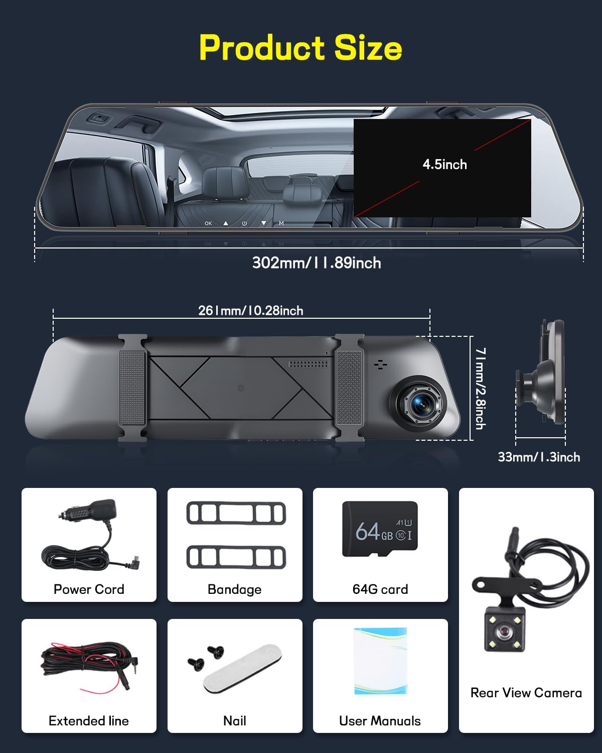 NHOPEEW 1080P Dash Cam con specchio e schermo da 4,5 pollici - Telecamere anteriori e posteriori Supporta registrazione in loop Controllo dell'esposizione della linea di retromarcia Visione notturna