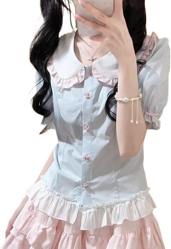 Lolita Shirts Jirai Kei Fashion Kawaii Clothing Harajuku Cutecore Shirts Women Layered Lace Cake Skirt