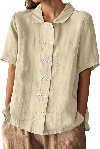 Womens Linen Shirts 2025 Lapel Button Down Short Sleeve Blouses Casual Double Breasted Tunic Cotton Linen Tops