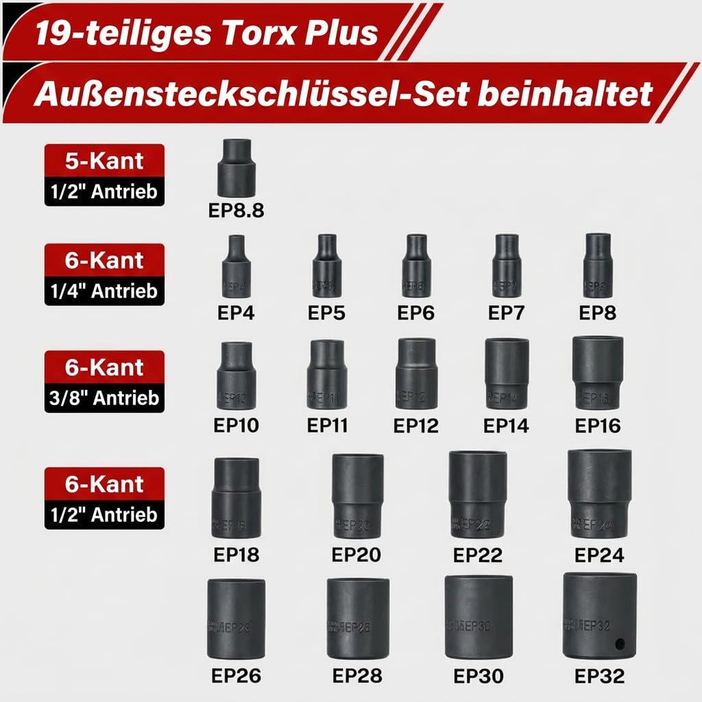 BILITOOLS Außen Torx Plus Stecknuss Satz, 19-tlg EP4-EP32 mit EP8.8