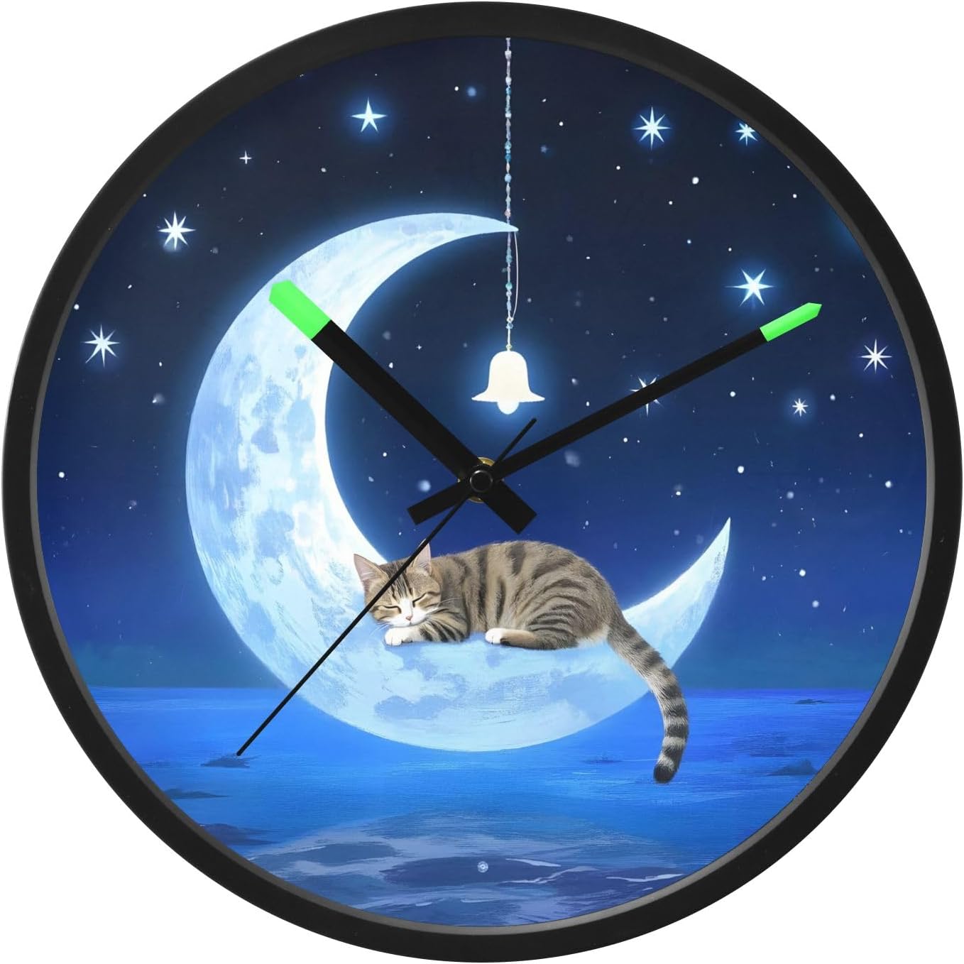 Round Wall Clock Cat Wind Chimes 12 Inch Non-Ticking Silent Modern Decor Clock for Home Office