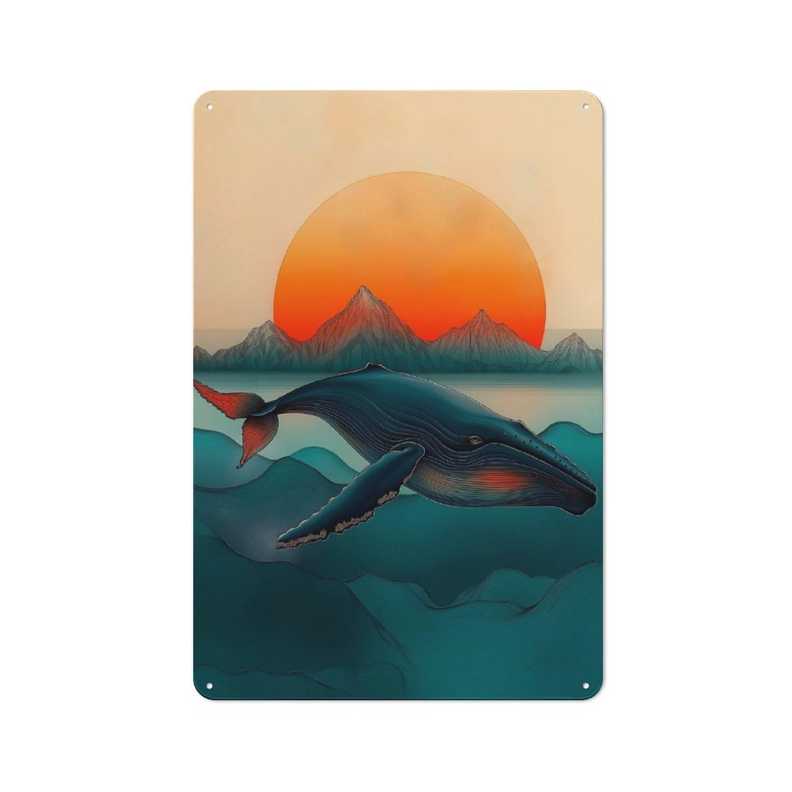Nostalgic Whale Sunset Metal Wall Plaque 30x20cm, Retro Room Decor for Kitchen, Hallway, Bar Or Small Cafe