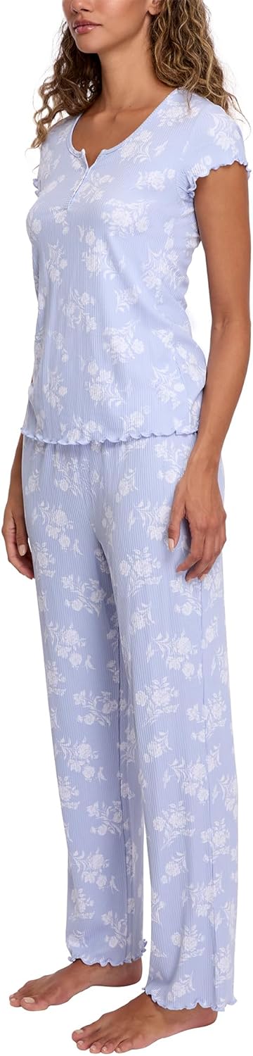 Laura Ashley Women's Pajamas 2 Piece Ribbed Knit Short Sleeve Henley Top and Pants PJ Set - Image 4