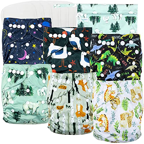Image of Leekalos Cloth Diapers Reusable for Boys and Girls, Baby Diaper Cloth with Bamboo Inserts & Wet Bag (Wild Animals) One Size