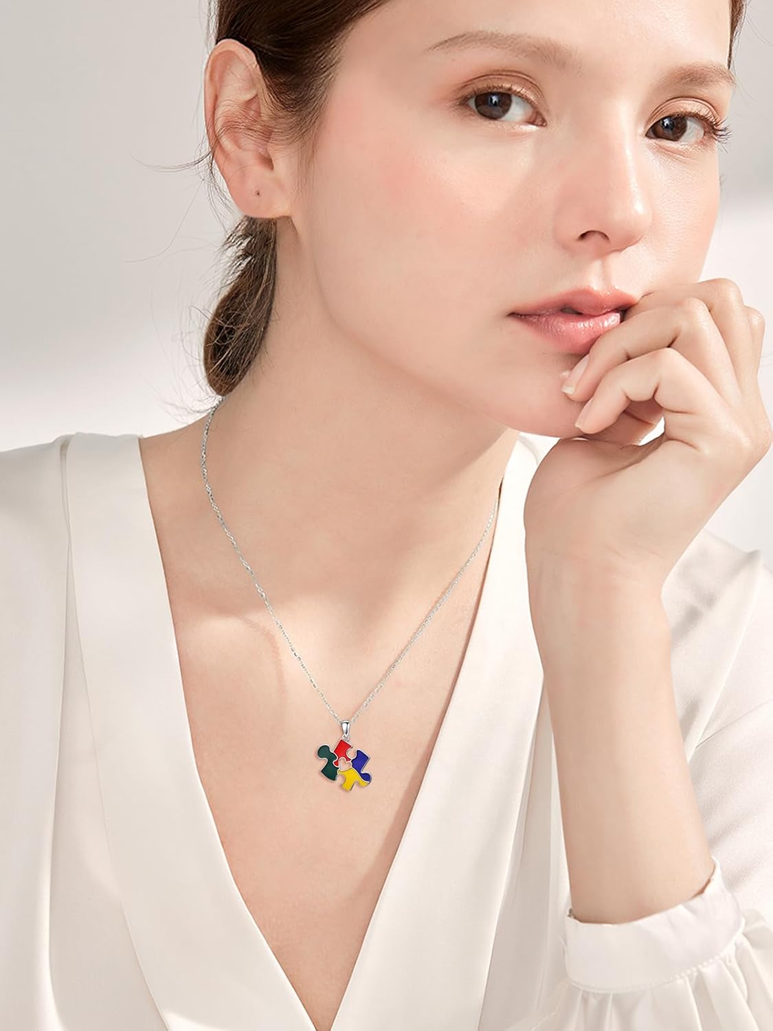 Autism Necklace 925 Sterling Silver Autistic Colorful Puzzle Piece Necklace Jewelry Autism Gifts for People with Autism