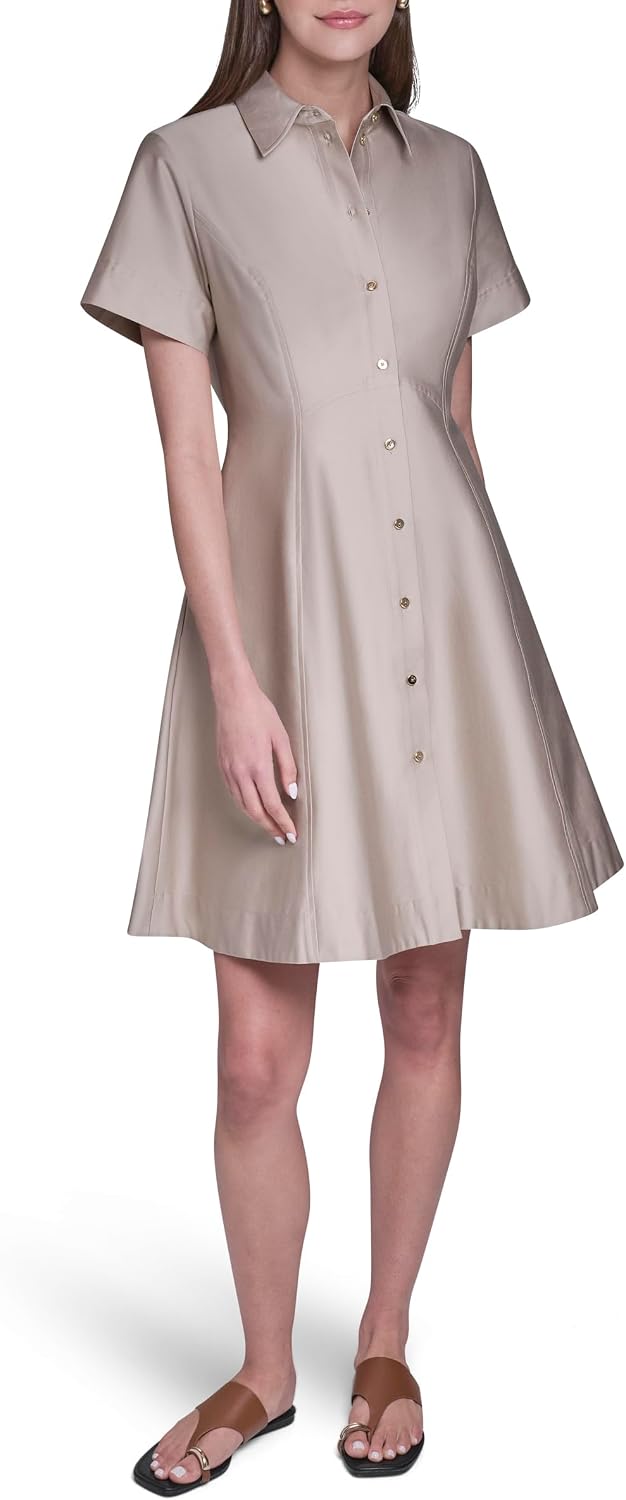 Halston Womens Short Sleeve Button Up Cotton Sateen Shirt Dress