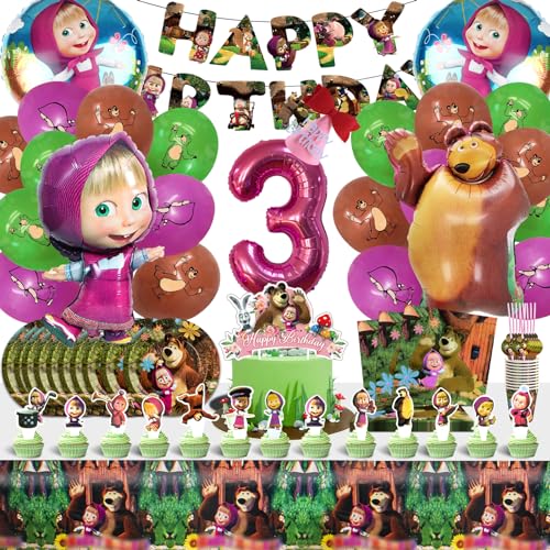 101 peças decoração de aniversário masha, Masha aniversário, Masha Globos, Masha aniversário conjunto de louça de festa, guardanapos, toalha de mesa, aniversário 3 anos