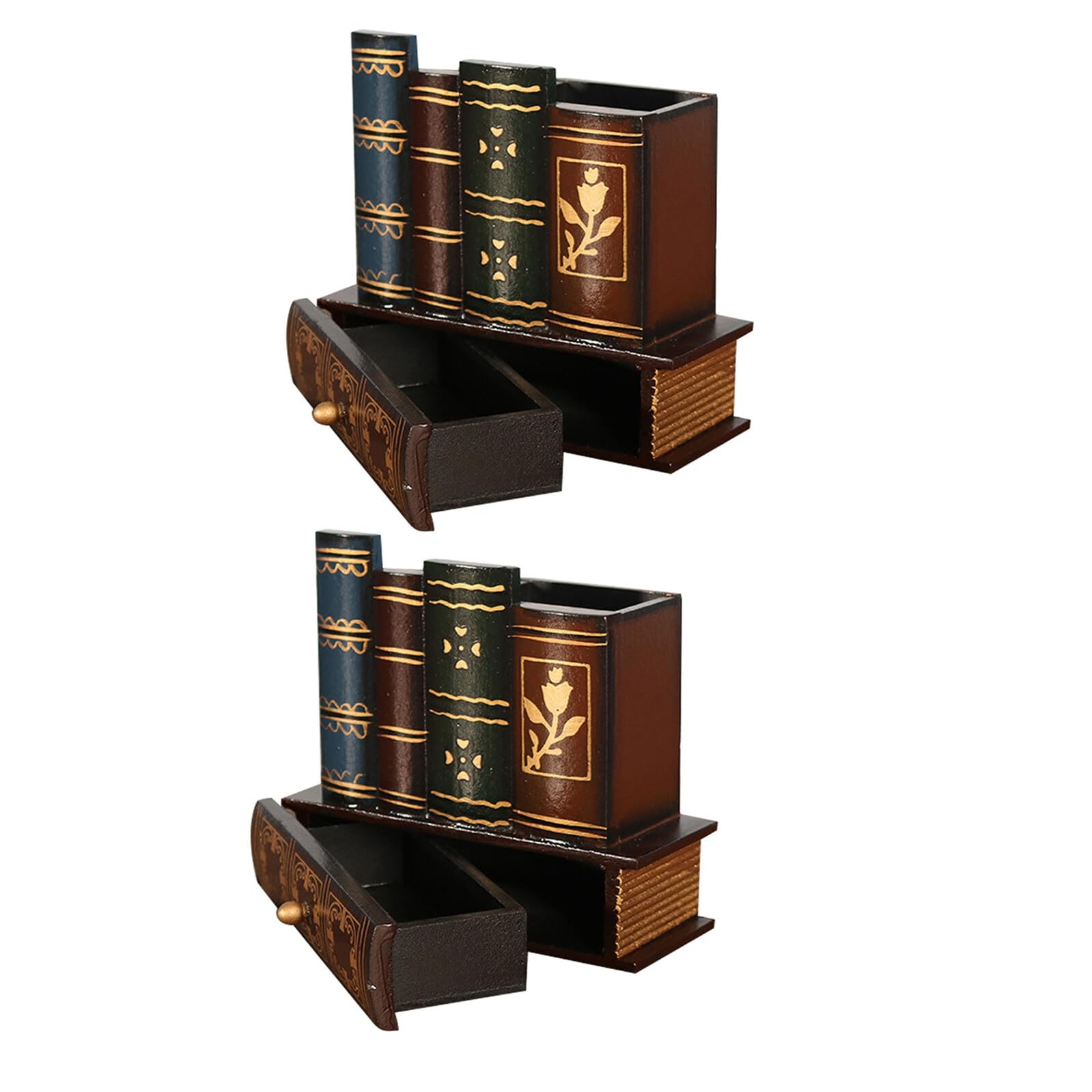 Portapenne con Cassetto in Legno e Set 2 Pezzi a Forma di Libro Finto Stile Vintage con Organizer da Scrivania Decorativo per Casa e Ufficio Casa Ufficio