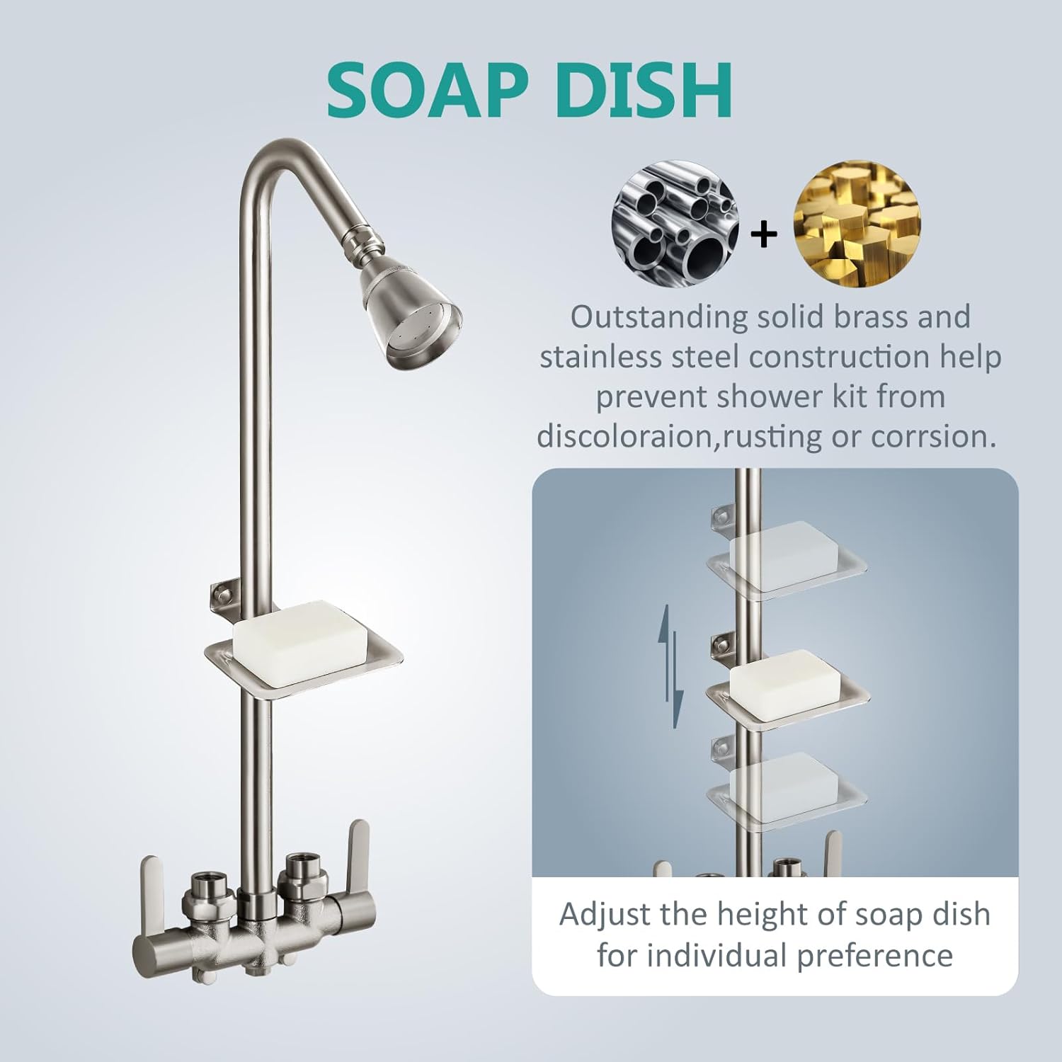 Aolemi Outdoor Shower Fixtures,Outdoor Shower Kit Faucet System 3 Inch Center with Brass Showerhead,2 Handle Exposed Shower with Brass Mix Valve,with Soap Dish,Pipe Upward,Brushed Nickel