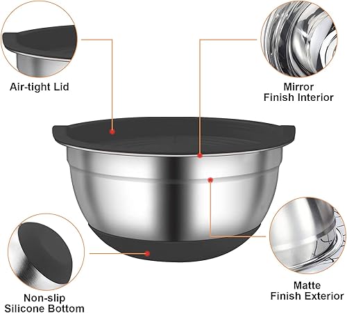 Miniatura 9 de Menbyci 6 cuencos para mezclar con tapas, cuencos de acero inoxidable, parte inferior antideslizante negra, incluye utensilios de cocina, juego de