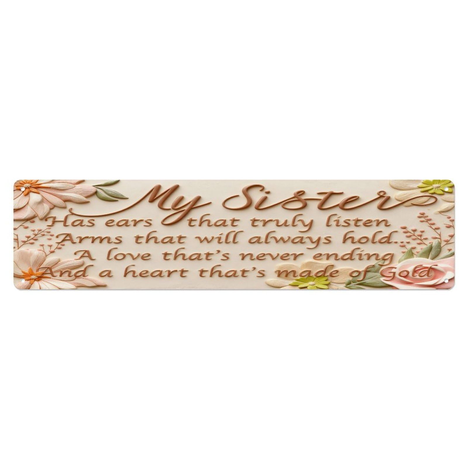 Floral Script Sister Love Gold Metal Tin Sign Plaque