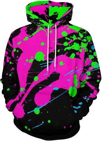 Mens Hoodies Glow in Dark Splatter Neon Hooded Sweatshirt with Pockets Winter Fall Sweaters for Women Men