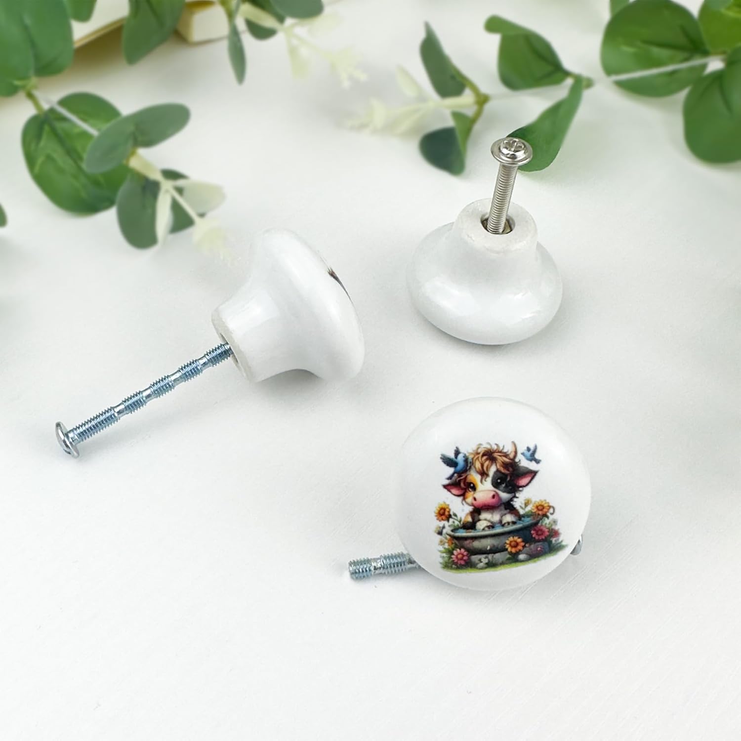 JamJam Set of 8 1.5" Ceramics Cow with Flower Knobs Unique Rustic Farmhouse Kitchen Cabinet Knobs Dresser Drawer Pulls