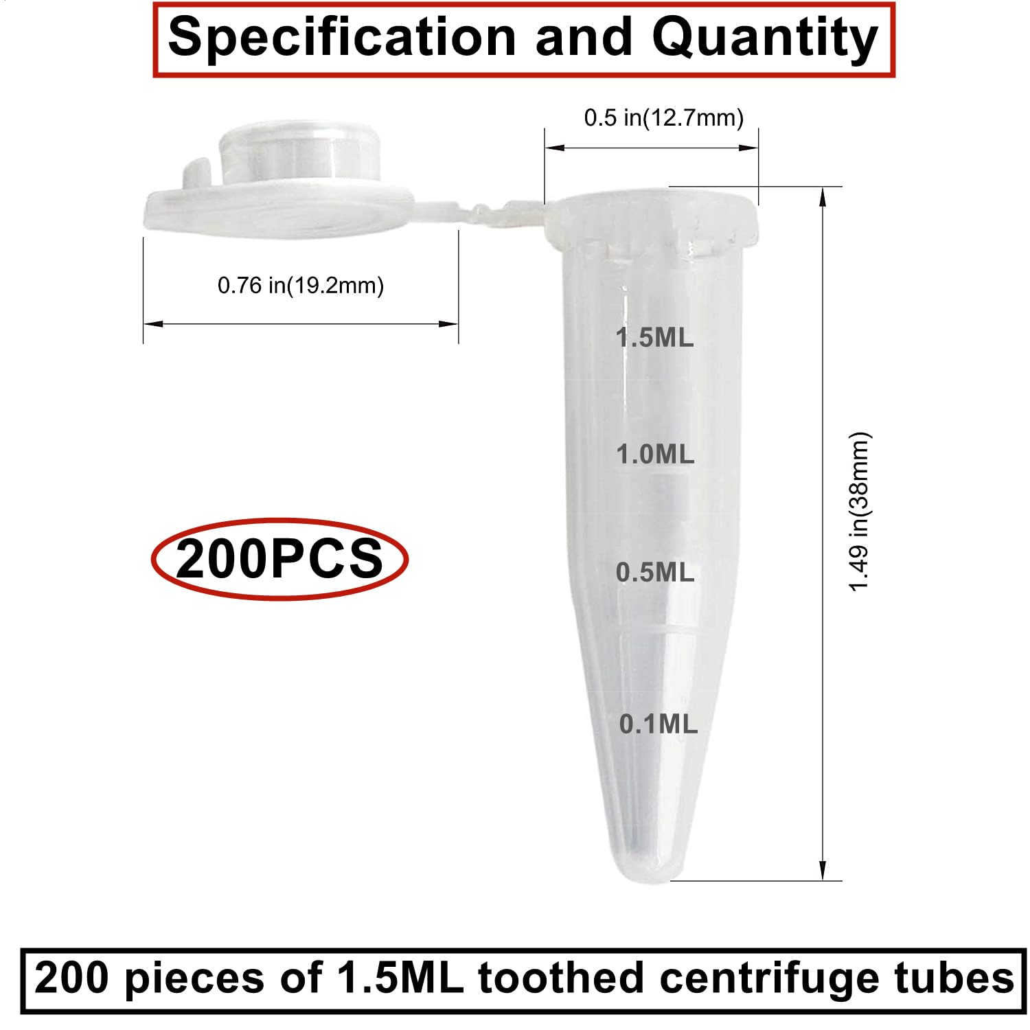 HUAZIZ 200 Pezzi 1,5 ml Plastica Centrifuga Provetta con Testa a Punta, Micro Provette da Laboratorio Conical Centrifuge Tubes Trasparente Graduata di Polipropilene con Tappo Piatto