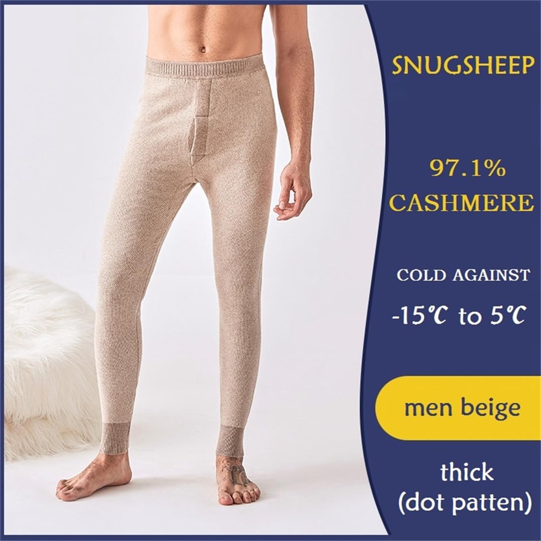 97 % cachemira jacquard gruesa ropa interior térmica para hombre y mujer, pantalones largos para hombre, capa base, leggings de invierno para mujer, Punto beige para hombre, XXL