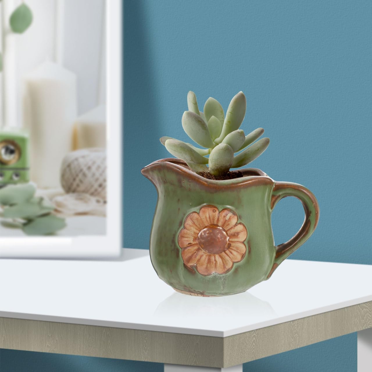 Mipcase Retro Ceramic Flower Pot with Daisy Pattern and Handle Small Indoor Succulent Planter 5.31X3.34X3.93 Inches Gardening Pot for Home Decor