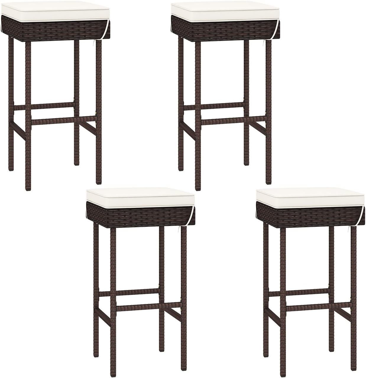 HAPPYGRILL Patio Bar Stools Set of 4, Outdoor Rattan Bar Chairs with Cushion, Sturdy Steel Frame and Footrests, PE Wicker Bar Stools for Backyard Poolside Garden