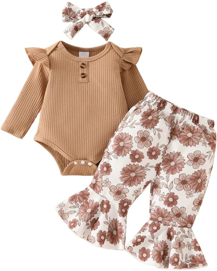 Newborn Baby Girl Clothes Infant Girl Outfits Long Sleeve Ruffle Romper + Floral Pa...