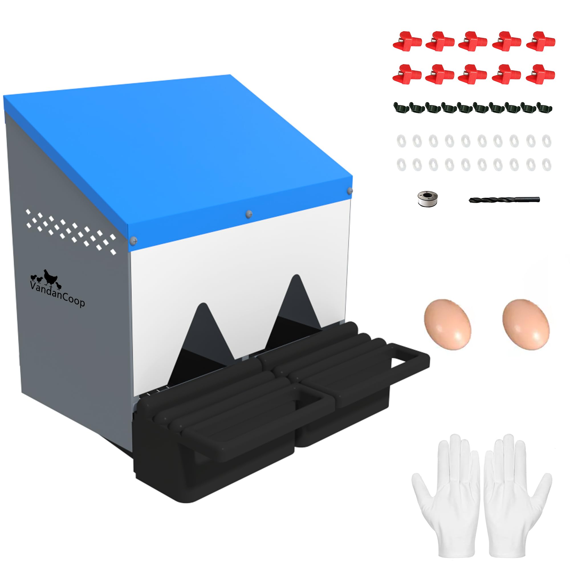 Photo 1 of Chicken Nesting Boxes with 2 Compartment Wall Mount with Curtain for Up to 10 Hens Gift 2 Fake Eggs, 10 Nipple Drinkers, Drill Bit, Disposable Gloves (with Perch) Blue 2 Compartment