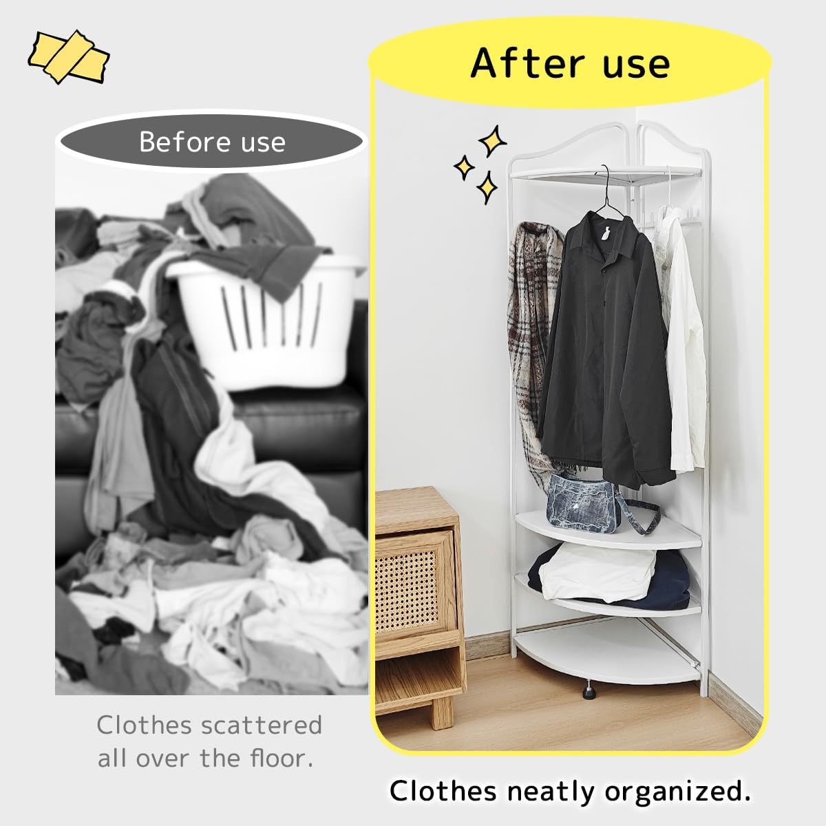 lumizone Corner Clothes & Coat Rack with Shelves for Small Spaces - Foldable 3-Tier Corner Shelves, Freestanding Clothing Wardrobe Closet for Bedroom/Closet/Dorm, 88lb Storage