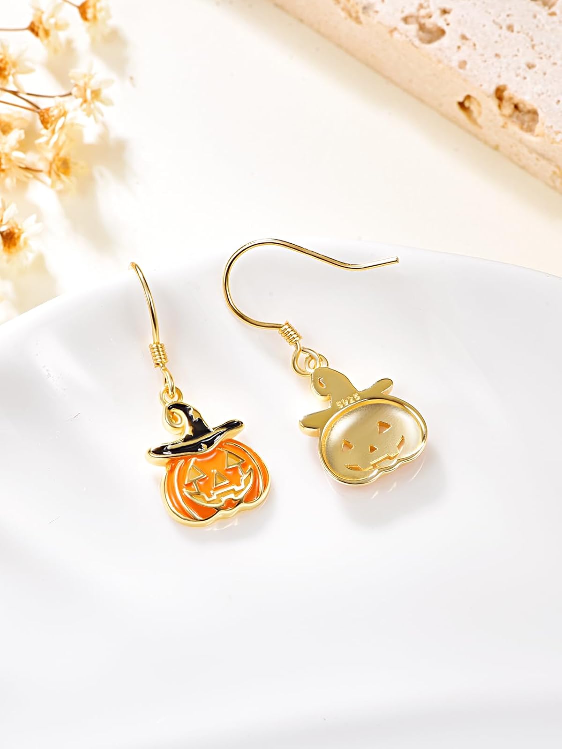 KINGWHYTE Halloween Earrings for Women 925 Sterling Silver Pumpkin Earrings Hypoallergenic Gothic Earrings Hat Pumpkin Drop Dangle Earrings Halloween Jewelry Gifts for Women - Image 2