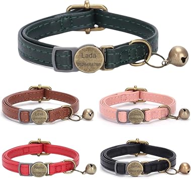 Vintage Style Leather Breakaway Cat Collar, Personalized Leather Cat Collar with Bells-Adjustable Customized Collar with Name & Phone Number Tag for Girl Boy Cats and PuppyGreen