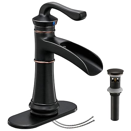 Homevacious Single Handle Bathroom Sink Faucet Waterfall Oil Rubbed Bronze Black Basin Lavatory Vanity One Hole Lever Mixer Tap with Pop up Drain with Overflow Deck Mount Commercial Supply Hose