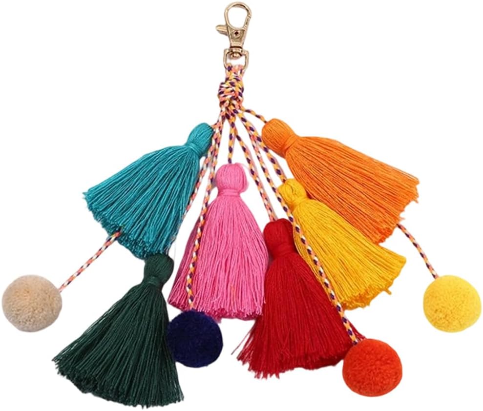 Colorful Tassel Keychain Bohemian Cute Tassels Bag Charm Pom Pom Purse Handbag Decorations Pendant Ball Backpack Wallet Ornaments Key Chain Car Keyring Holder with Alloy Clasps for Women