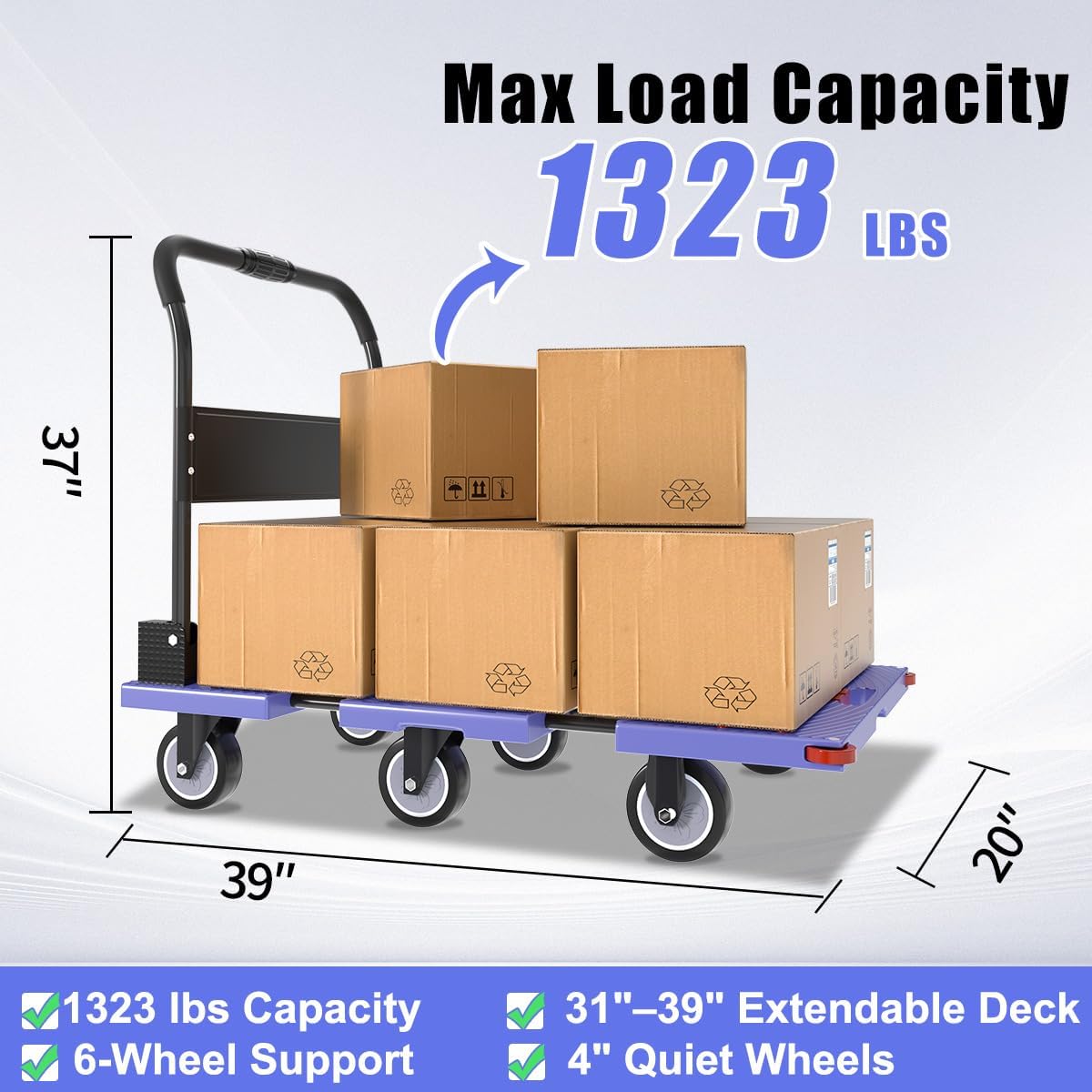WUD 1323 lbs Heavy Duty Folding Platform Cart with Extendable Deck (31''–39''), 6-Wheel Support, 4'' Quiet Casters, Thick Reinforced Flatbed Dolly for Warehouse, Garage & Moving