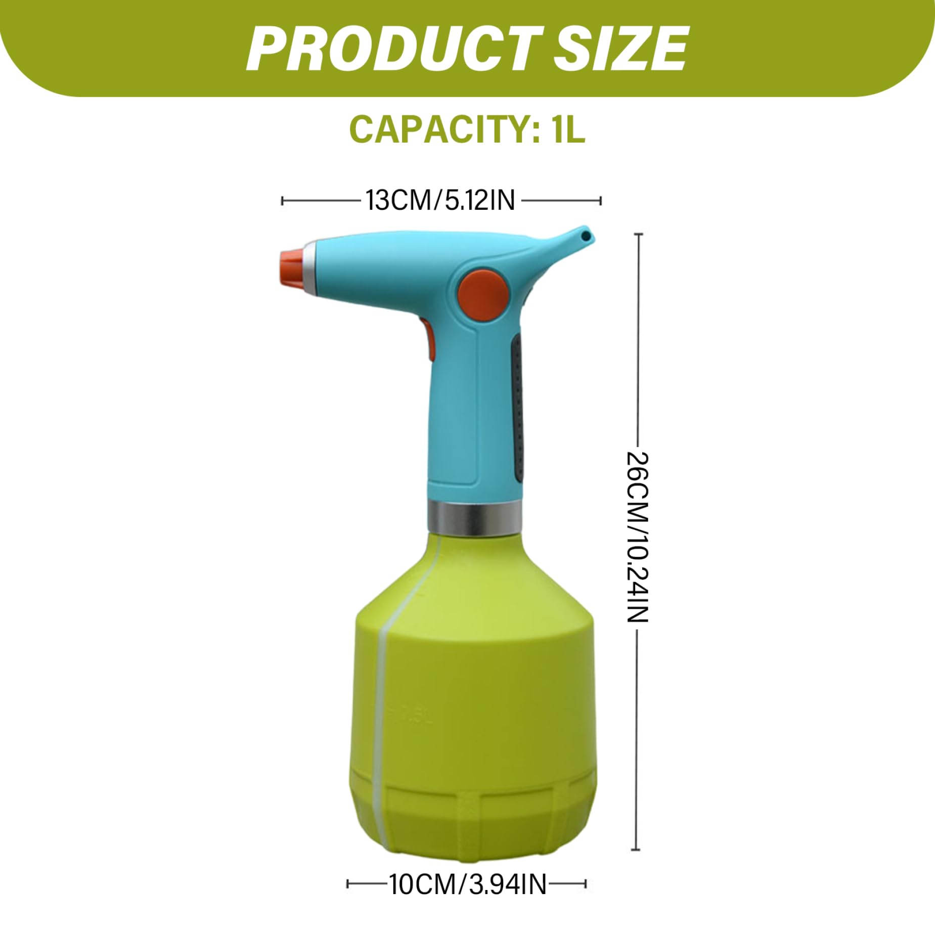 Pulverizador eléctrico con Boquilla Ajustable pulverizador de Agua a Prueba de Agua Recargable para jardín 1000 ml Color Verde
