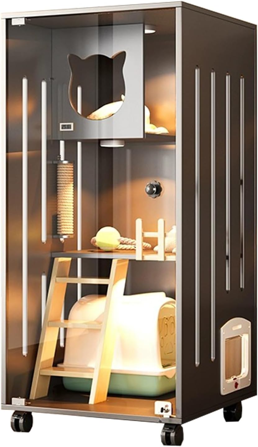 Cat Cage, Indoor furniture solid wood Cat Playpen, Built-in cat ladder and side door - gray, Large Cat Cage with rollers, for small animals to run(23.6x47.2/60x120cm)